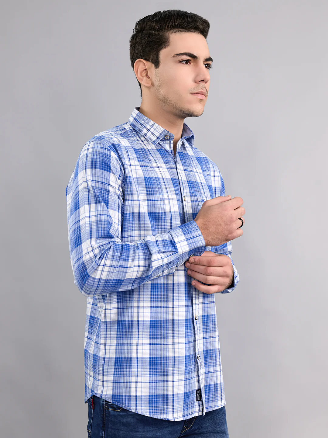 Men Sky Blue Stripe Collar Full Sleeve Shirt - Image 2
