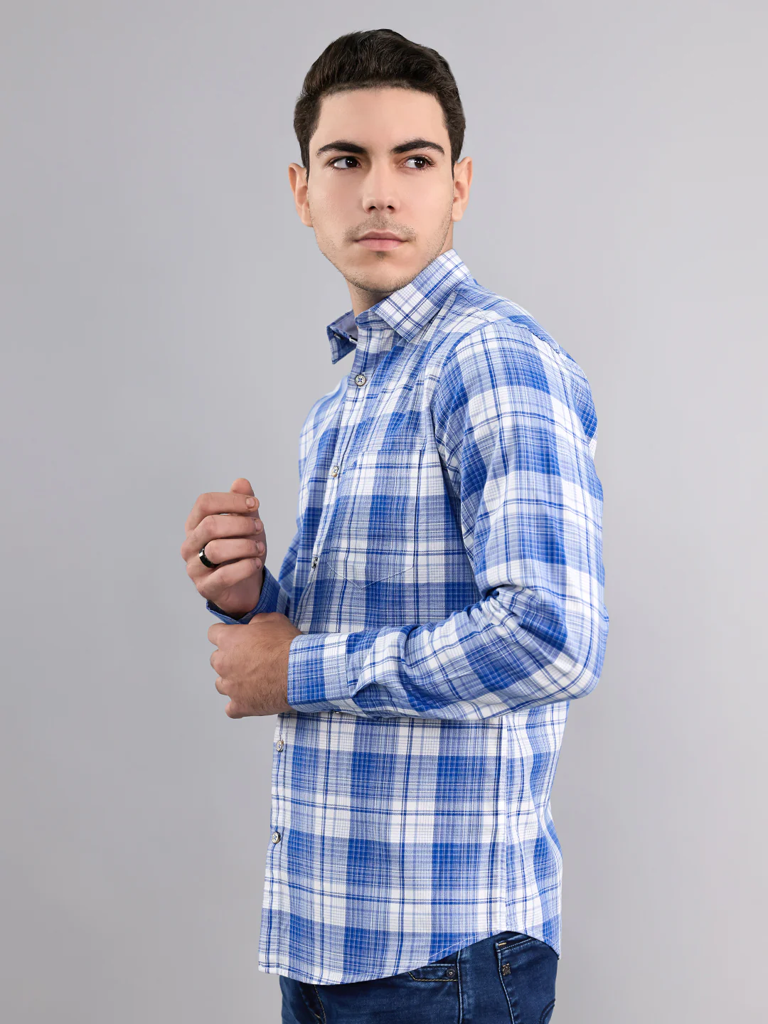 Men Sky Blue Stripe Collar Full Sleeve Shirt - Image 3