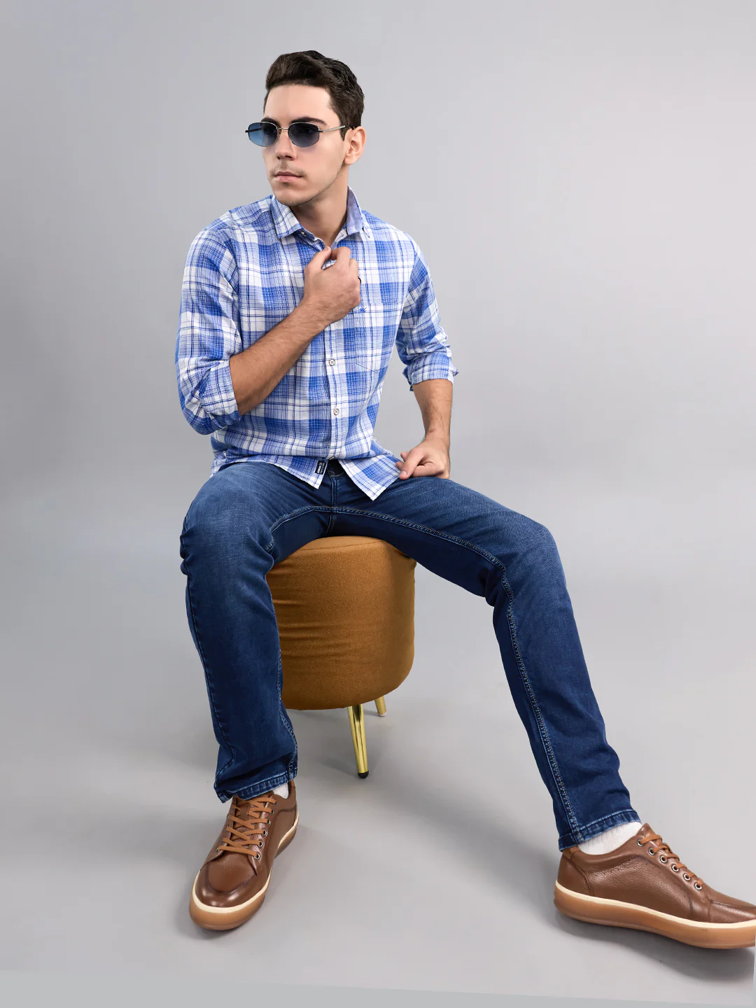 Men Sky Blue Stripe Collar Full Sleeve Shirt - Image 6