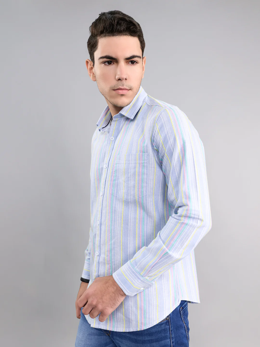 Men Sky Blue Stripe Collar Full Sleeve Shirt - Image 3
