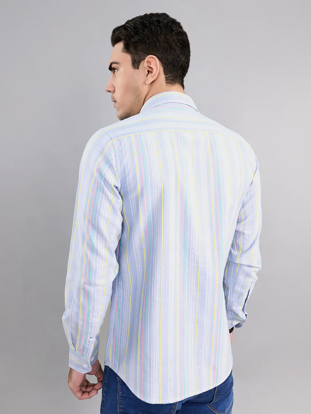 Men Sky Blue Stripe Collar Full Sleeve Shirt - Image 4
