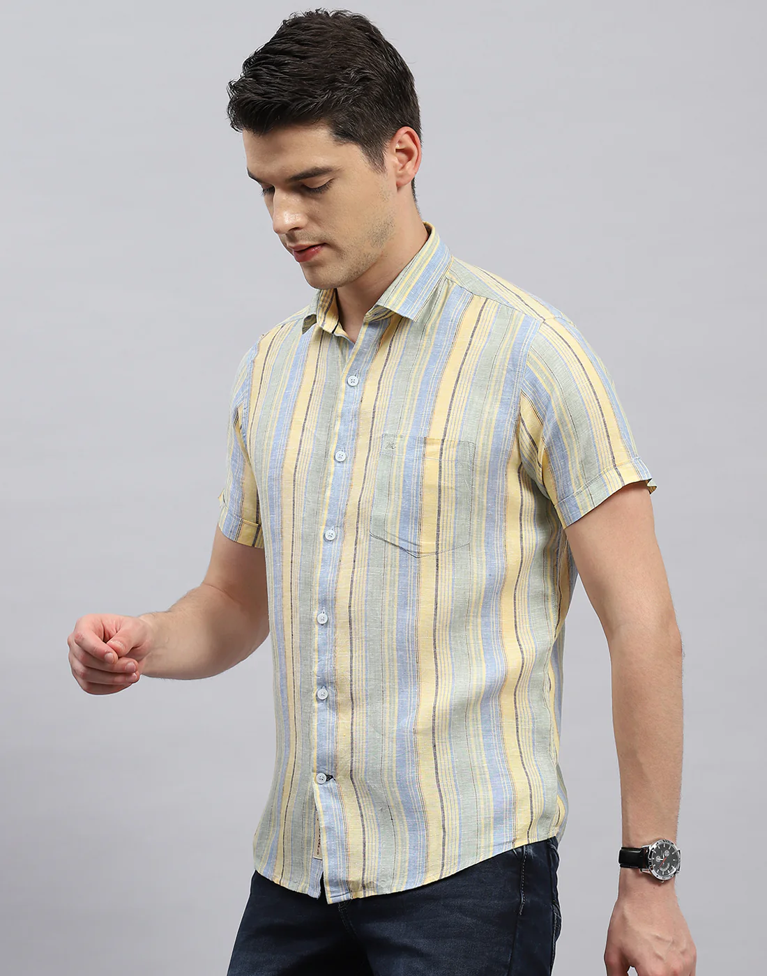Men Sky Blue Stripe Collar Half Sleeve Linen Shirt - Image 3