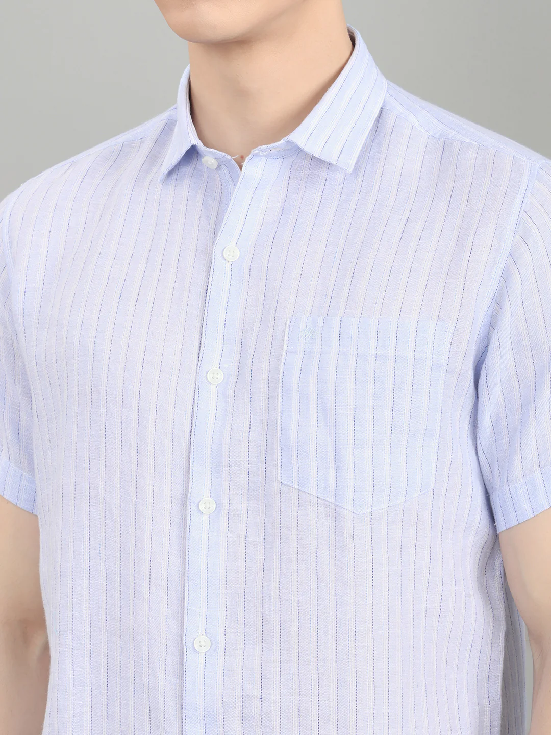Men Sky Blue Stripe Collar Half Sleeve Shirt - Image 4