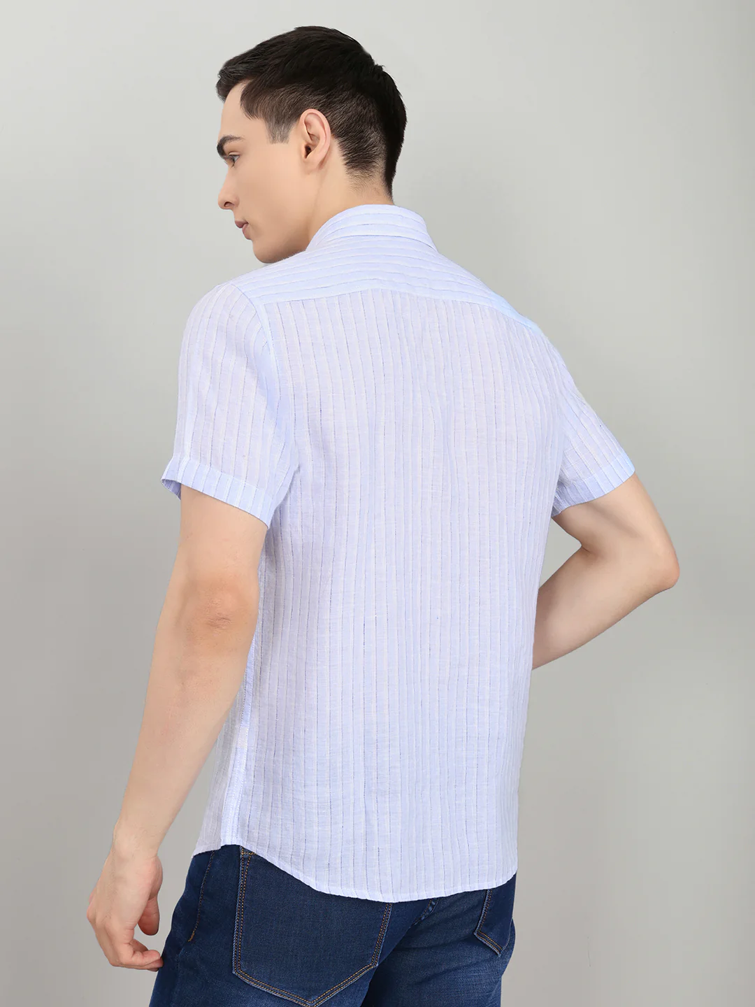 Men Sky Blue Stripe Collar Half Sleeve Shirt - Image 5