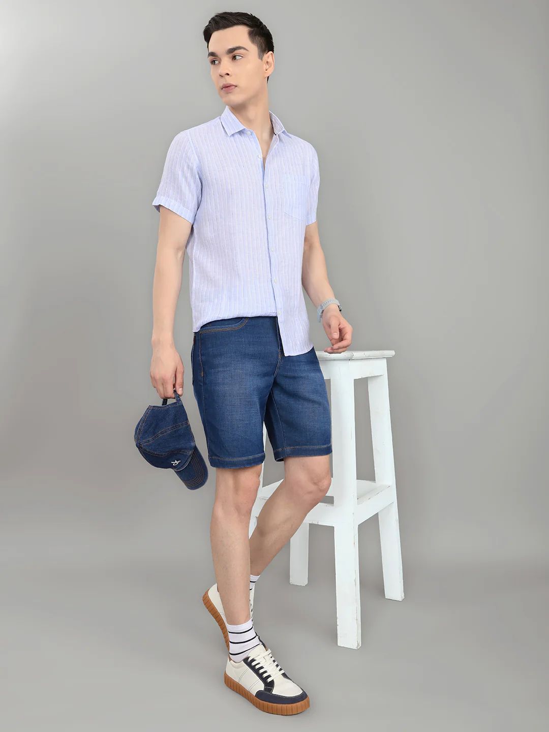 Men Sky Blue Stripe Collar Half Sleeve Shirt - Image 6