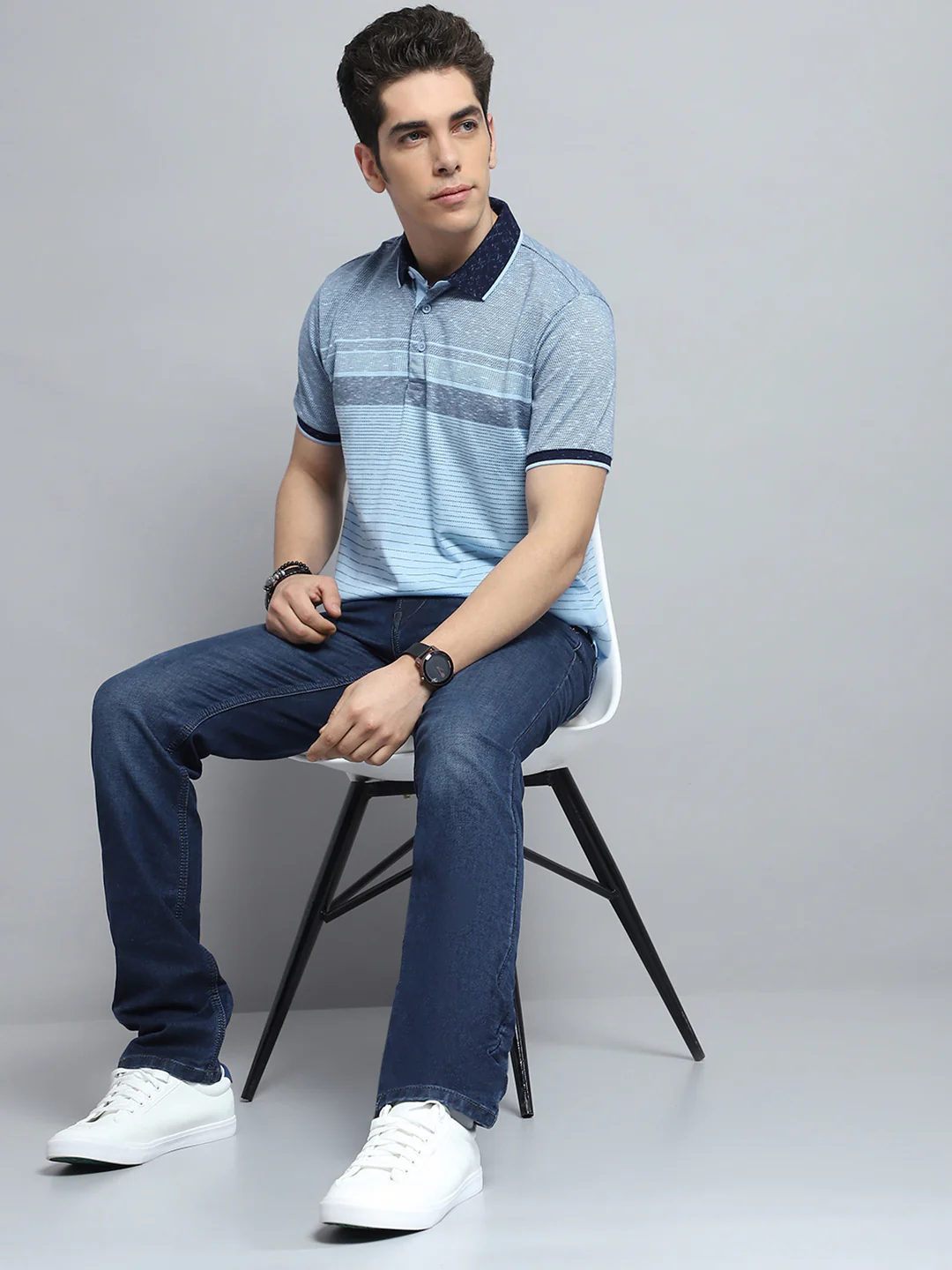 Men Sky Blue Stripe Collar Half Sleeve T-Shirt - Image 2