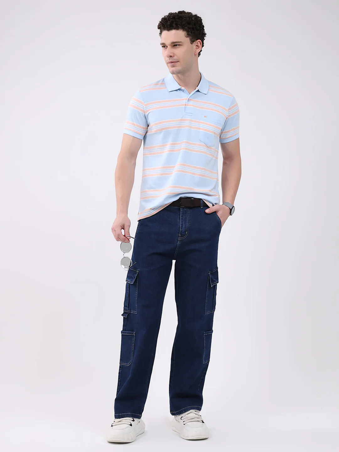 Men Sky Blue Stripe Collar Half Sleeve T-Shirt - Image 2