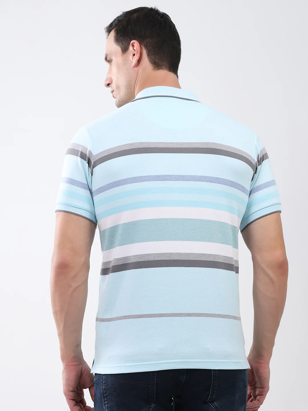Men Sky Blue Stripe Collar Half Sleeve T-Shirt - Image 5