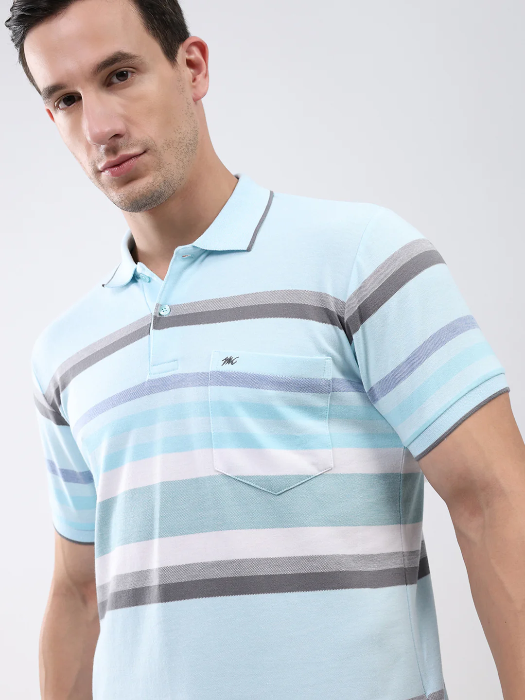 Men Sky Blue Stripe Collar Half Sleeve T-Shirt - Image 6