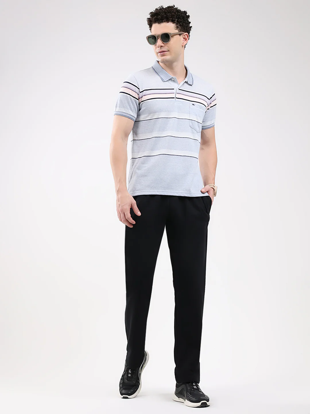 Men Sky Blue Stripe Collar Half Sleeve T-Shirt - Image 2