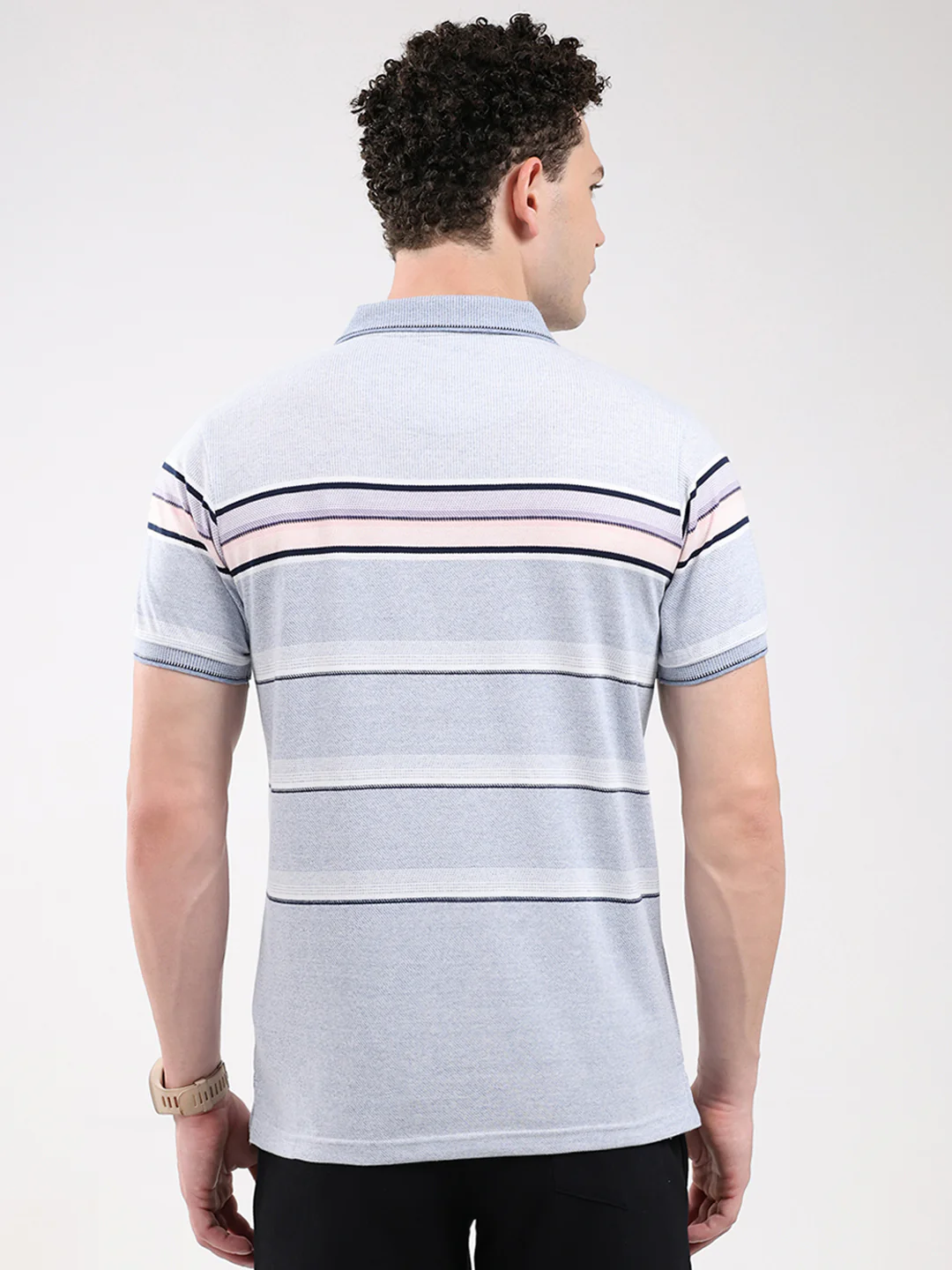 Men Sky Blue Stripe Collar Half Sleeve T-Shirt - Image 5