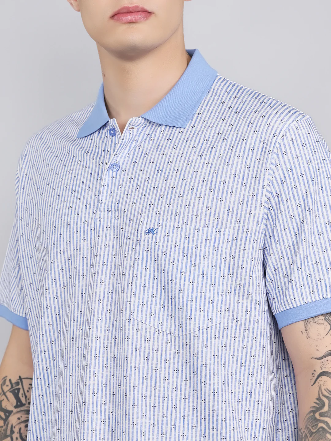 Men Sky Blue Stripe Collar Half Sleeve T-Shirt - Image 5