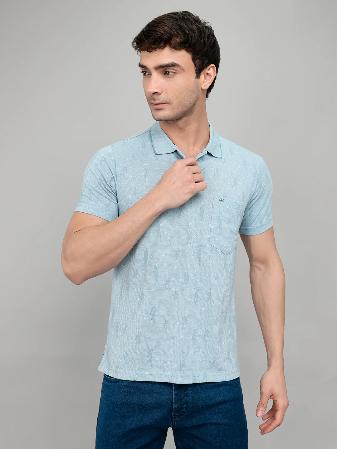 Men Sky Blue Stripe Collar Half Sleeve T-Shirt - Image 2