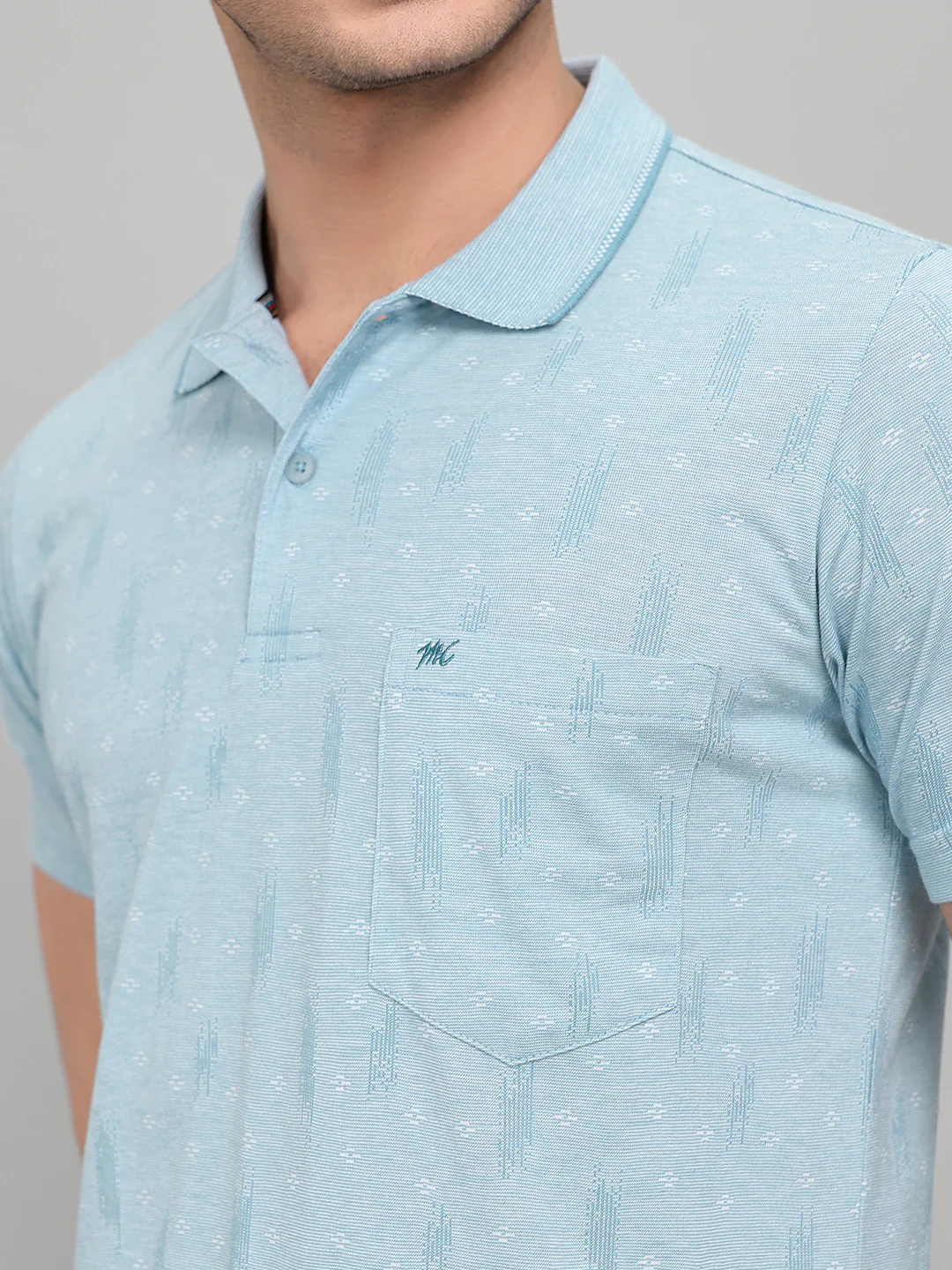 Men Sky Blue Stripe Collar Half Sleeve T-Shirt - Image 4