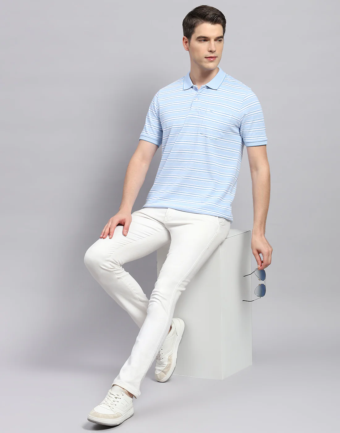 Men Sky Blue Stripe Collar Neck Half Sleeve T-Shirt - Image 2