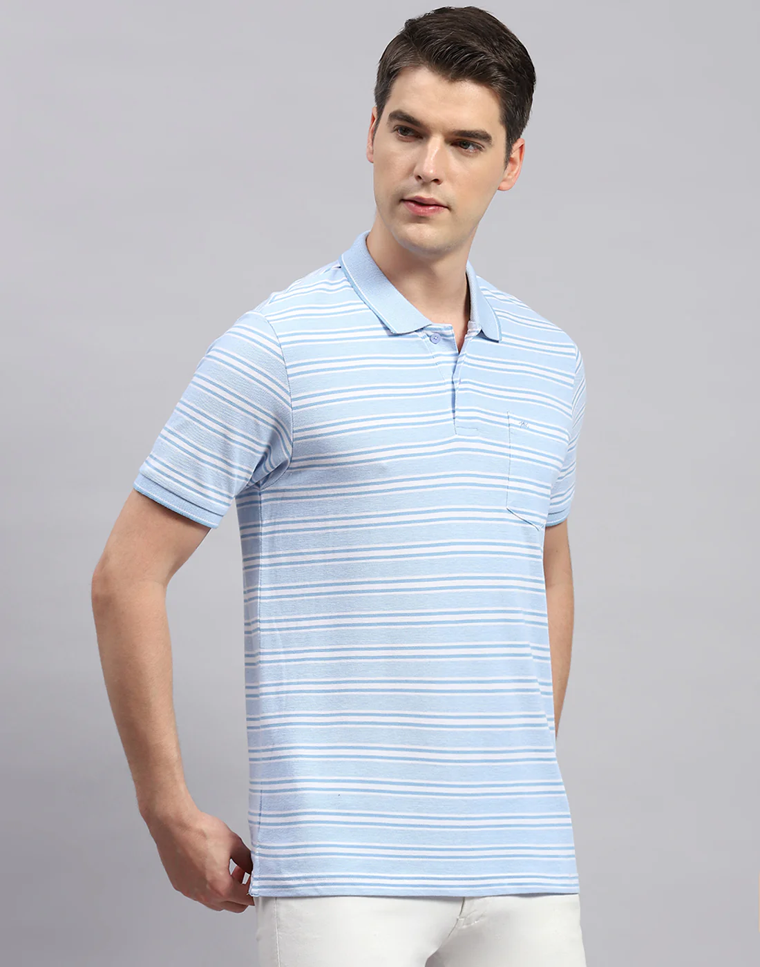 Men Sky Blue Stripe Collar Neck Half Sleeve T-Shirt - Image 4