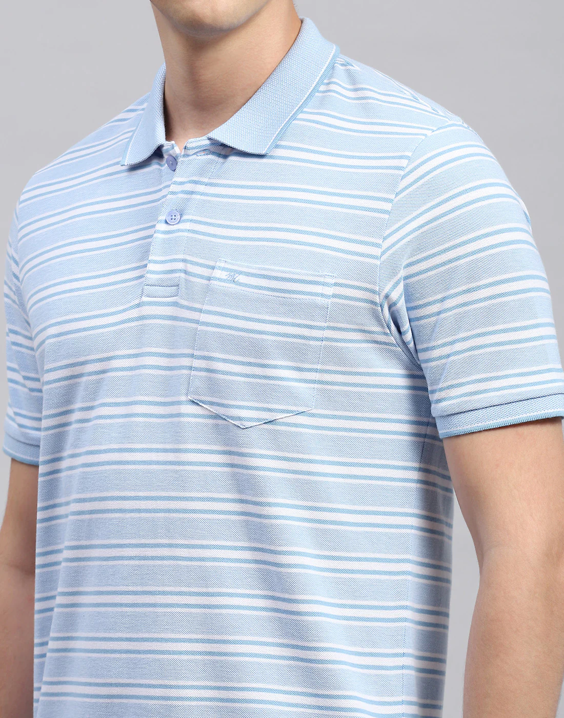 Men Sky Blue Stripe Collar Neck Half Sleeve T-Shirt - Image 6