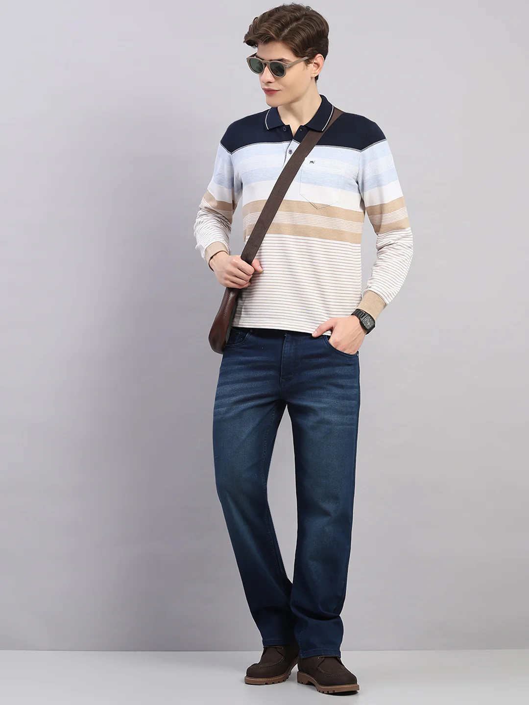 Men Sky Blue Stripe Polo Collar Full Sleeve Winter T-Shirt - Image 2