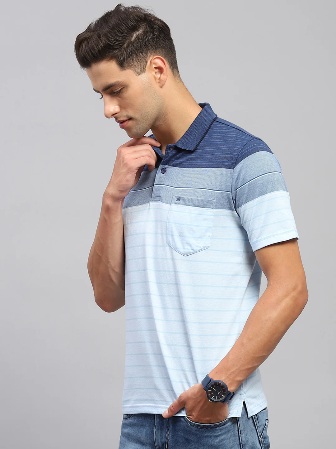 Men Sky Blue Stripe Polo Collar Half Sleeve T-Shirt - Image 3