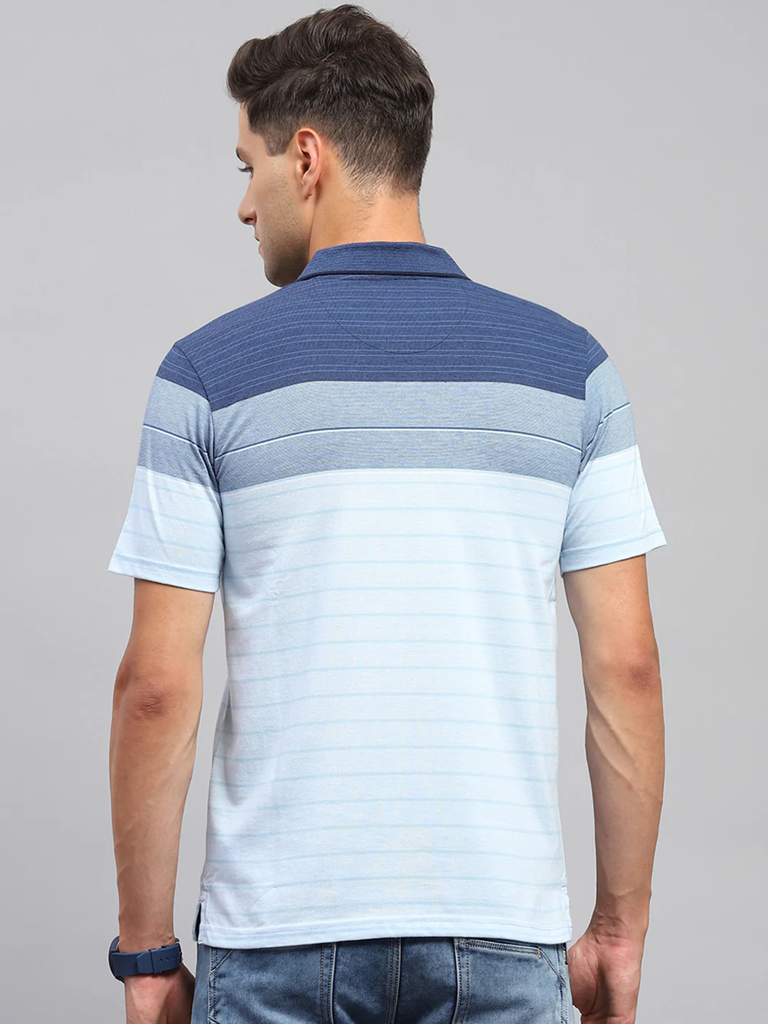 Men Sky Blue Stripe Polo Collar Half Sleeve T-Shirt - Image 5