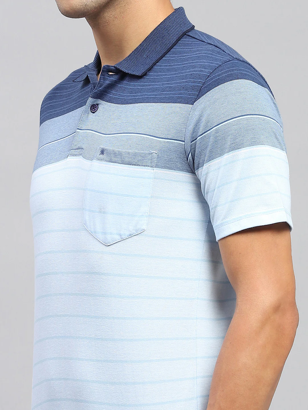 Men Sky Blue Stripe Polo Collar Half Sleeve T-Shirt - Image 6