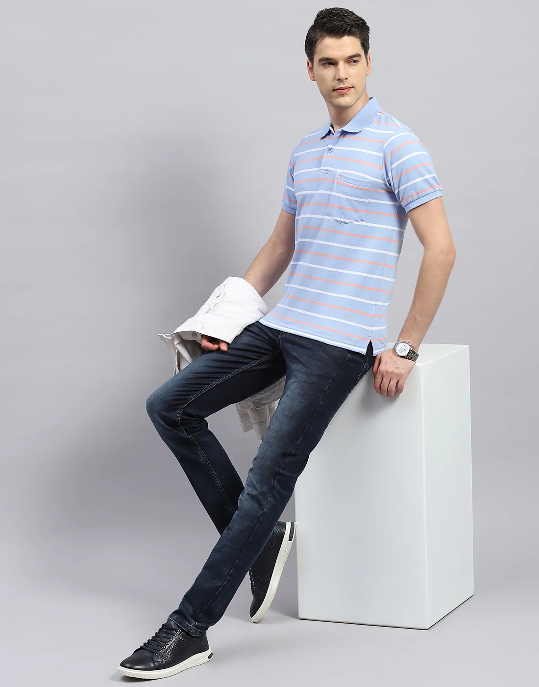 Men Sky Blue Stripe Polo Collar Half Sleeve T-Shirt - Image 2