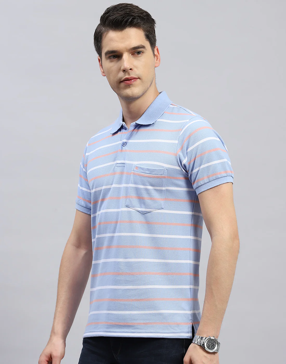 Men Sky Blue Stripe Polo Collar Half Sleeve T-Shirt - Image 3