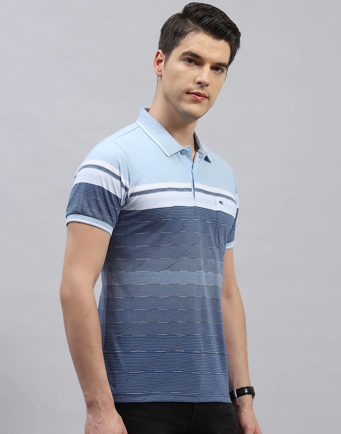 Men Sky Blue Stripe Polo Collar Half Sleeve T-Shirt - Image 4