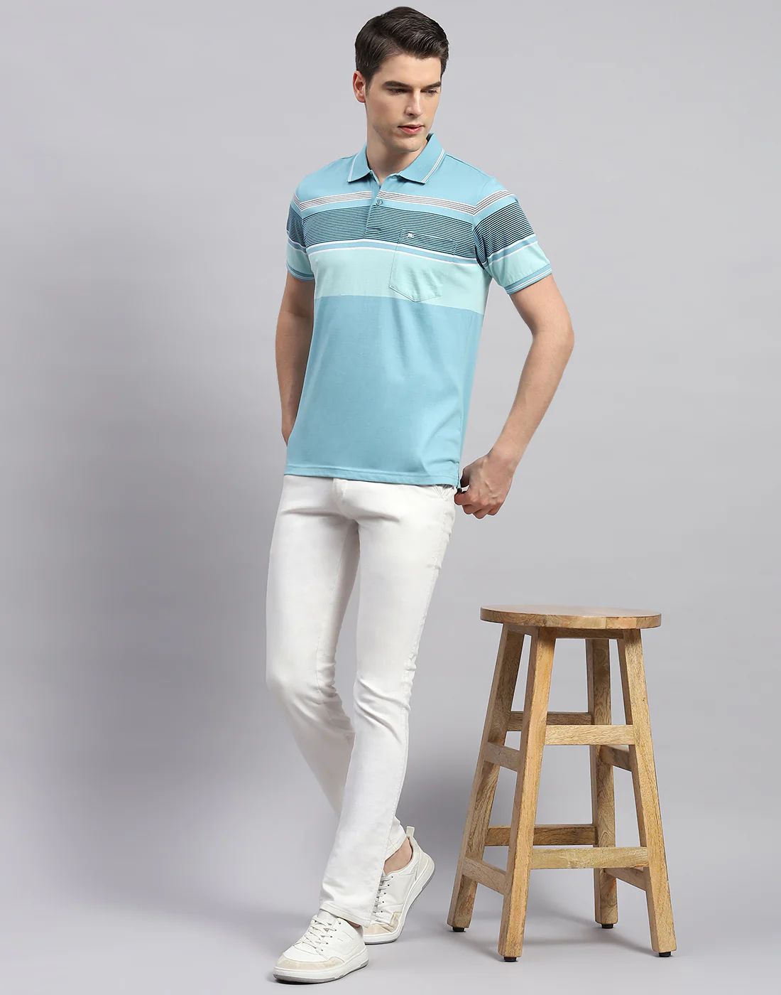 Men Sky Blue Stripe Polo Collar Half Sleeve T-Shirt - Image 2