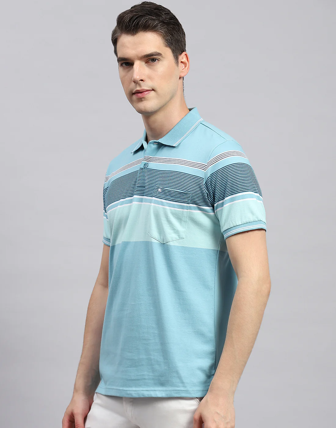Men Sky Blue Stripe Polo Collar Half Sleeve T-Shirt - Image 3