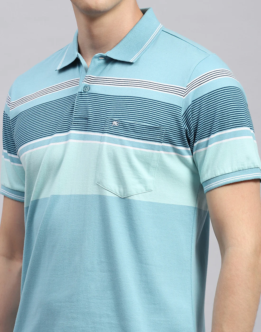 Men Sky Blue Stripe Polo Collar Half Sleeve T-Shirt - Image 6