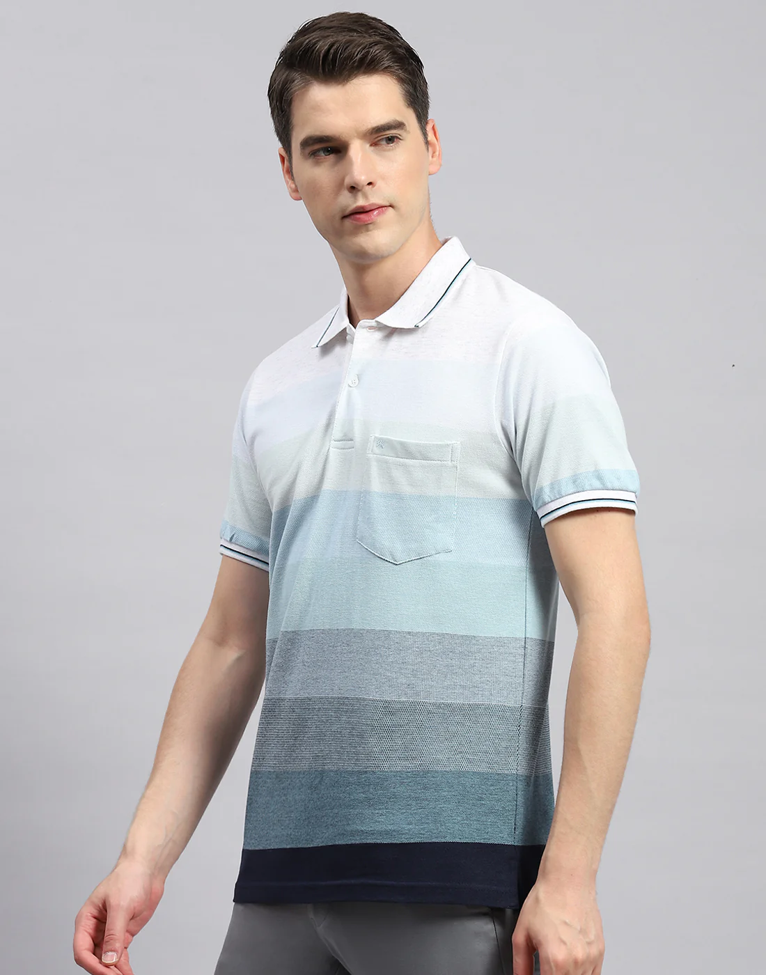 Men Sky Blue Stripe Polo Collar Half Sleeve T-Shirt - Image 3