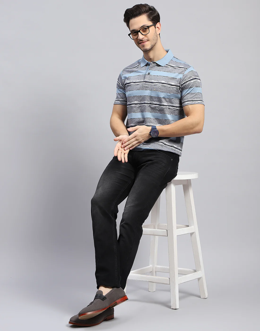 Men Sky Blue Stripe Polo Collar Half Sleeve T-Shirt - Image 2