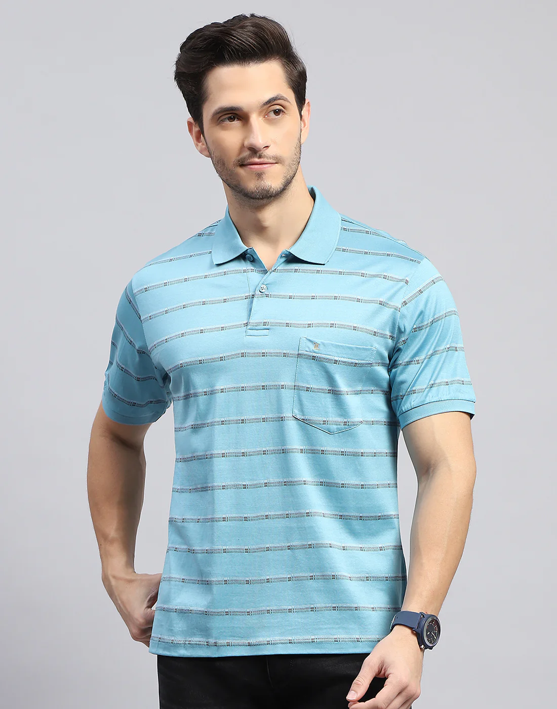 Men Sky Blue Stripe Polo Collar Half Sleeve T-Shirt - Image 3