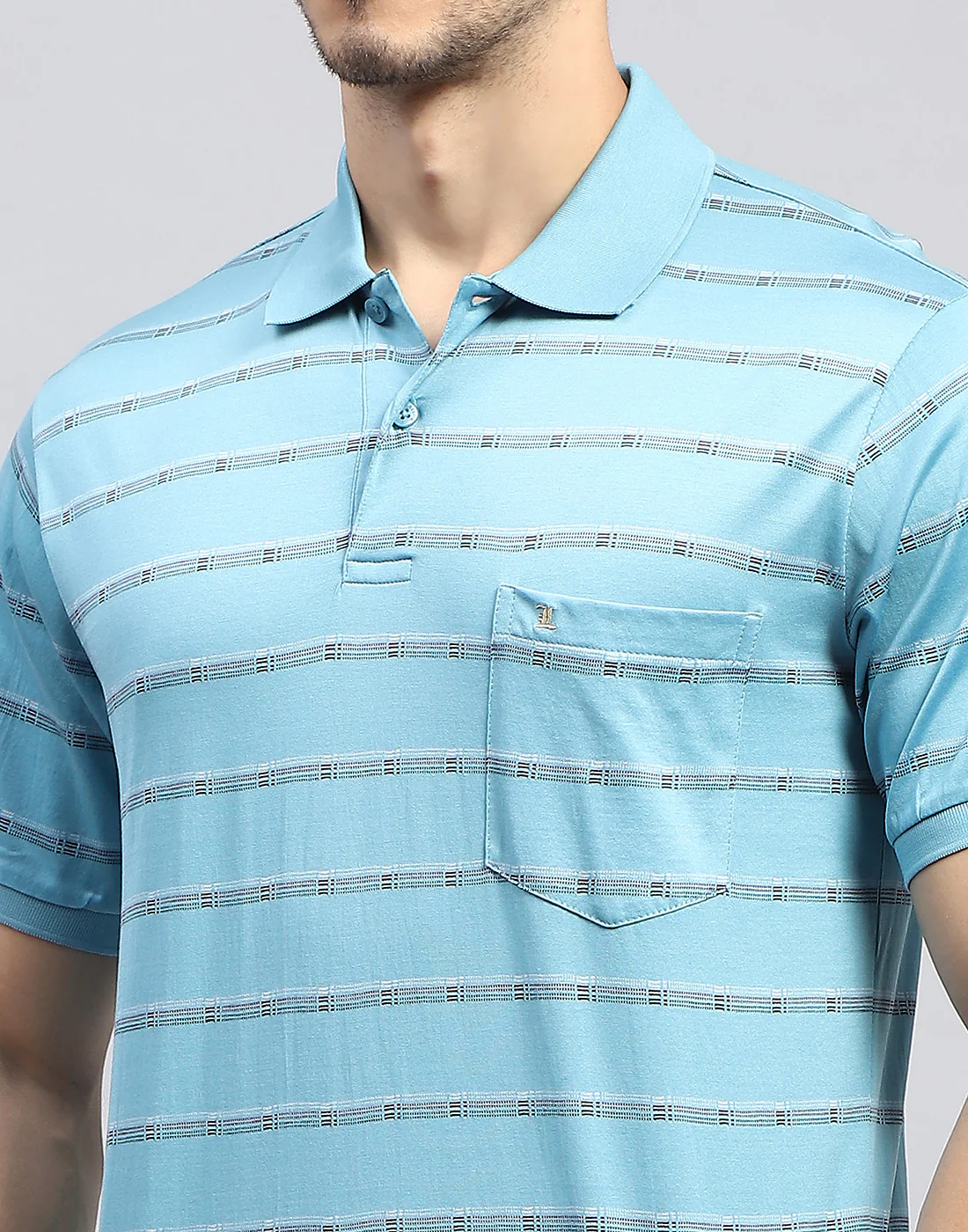 Men Sky Blue Stripe Polo Collar Half Sleeve T-Shirt - Image 7