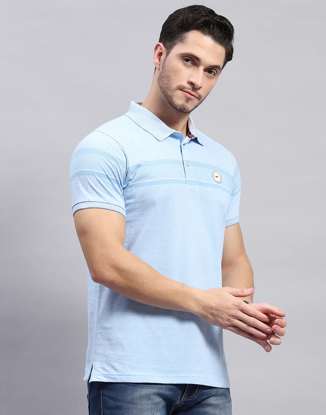 Men Sky Blue Stripe Polo Collar Half Sleeve T-Shirt - Image 5