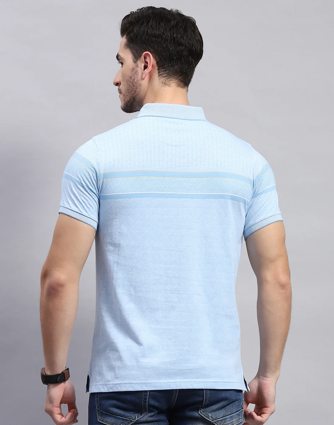 Men Sky Blue Stripe Polo Collar Half Sleeve T-Shirt - Image 6