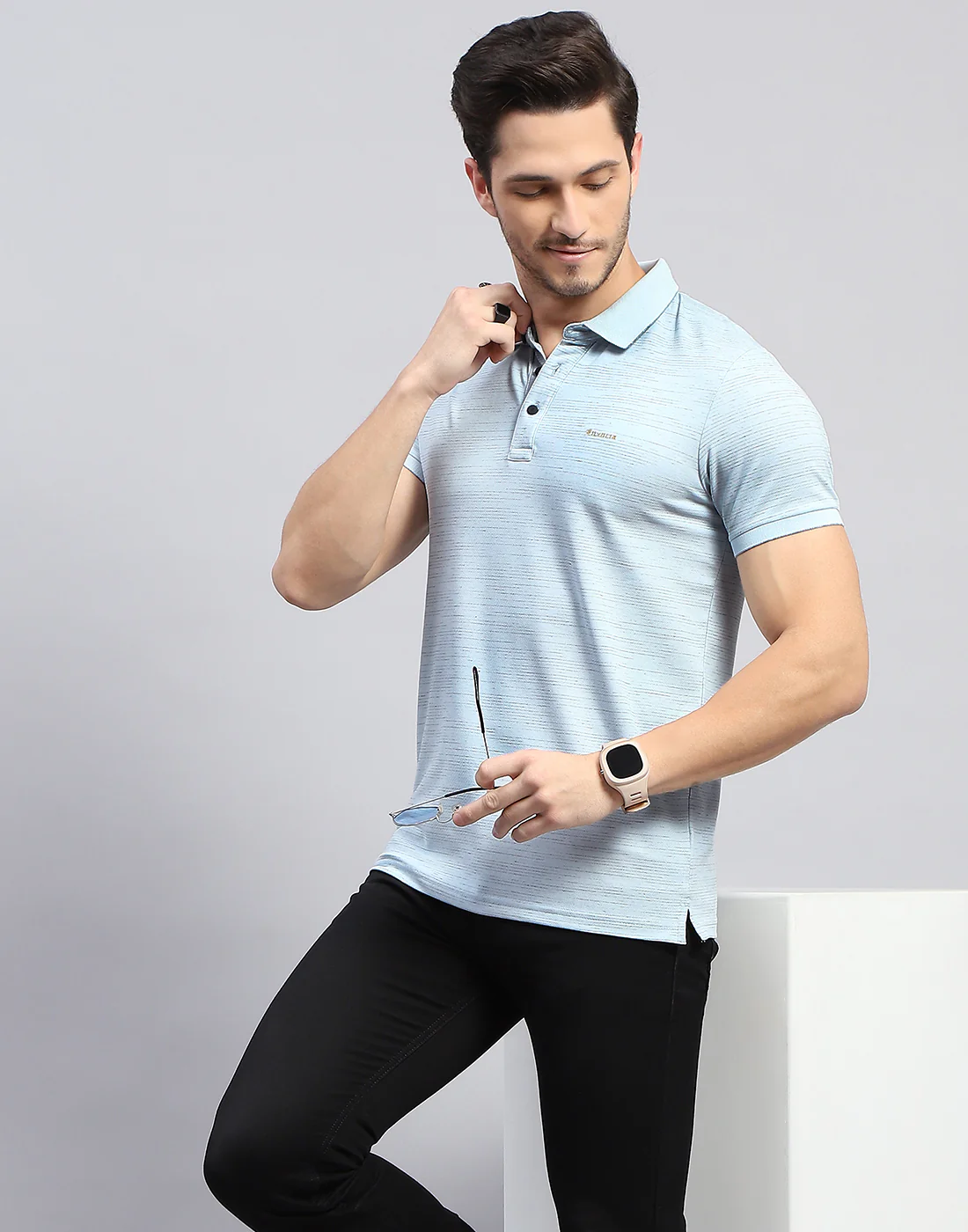 Men Sky Blue Stripe Polo Collar Half Sleeve T-Shirt - Image 6