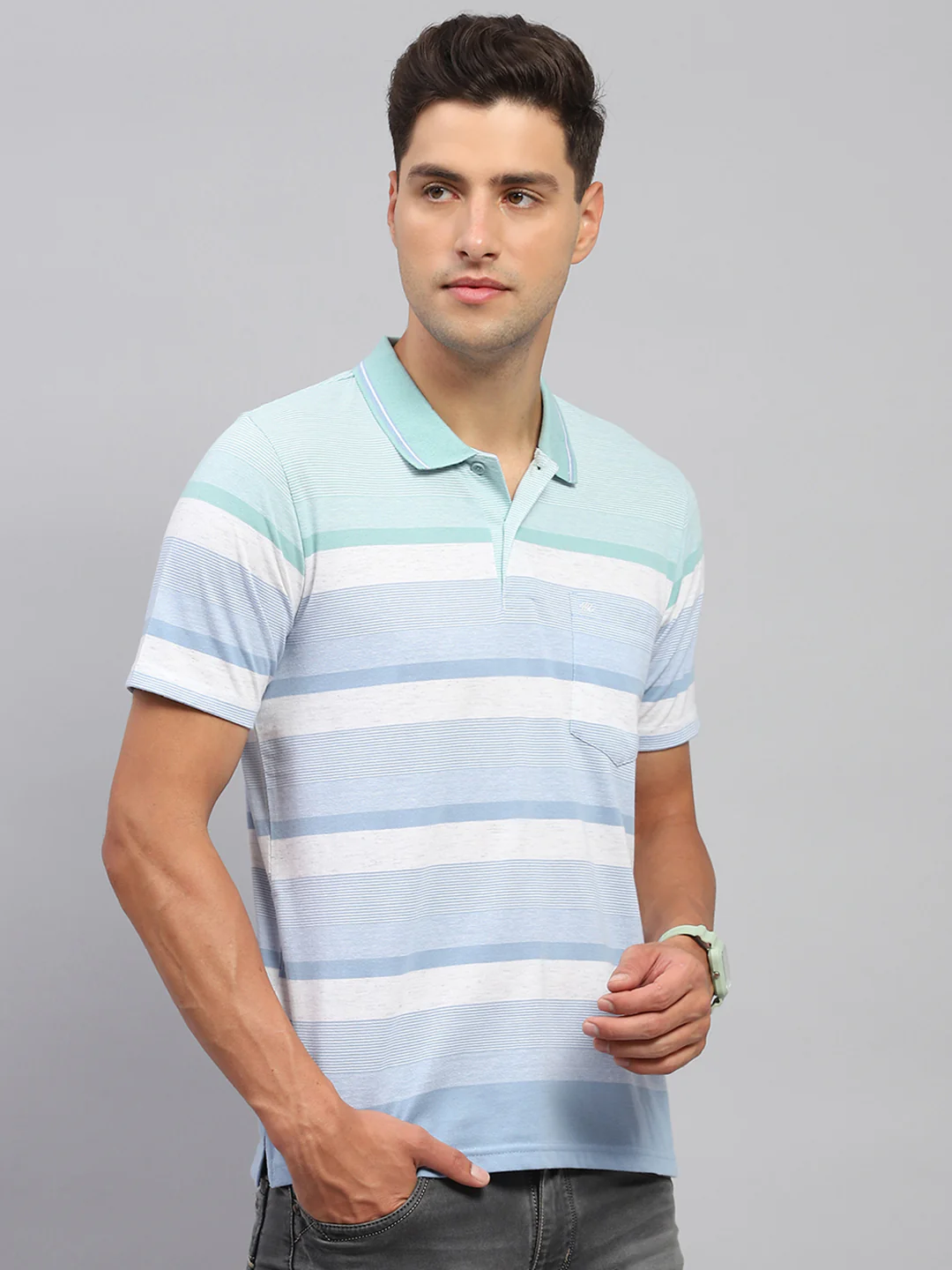 Men Sky Blue Stripe Polo Collar Half Sleeve T-Shirt - Image 4