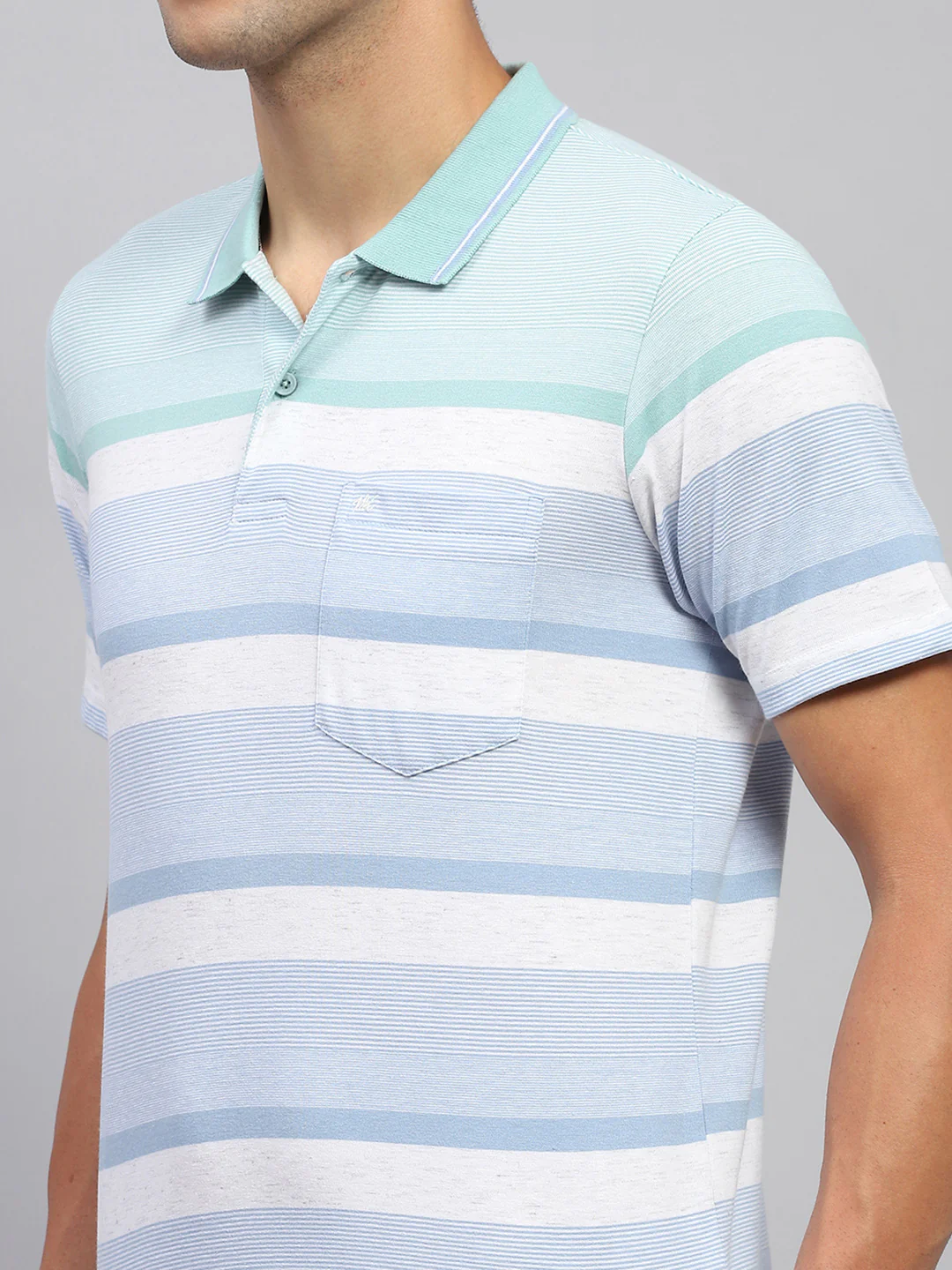 Men Sky Blue Stripe Polo Collar Half Sleeve T-Shirt - Image 6