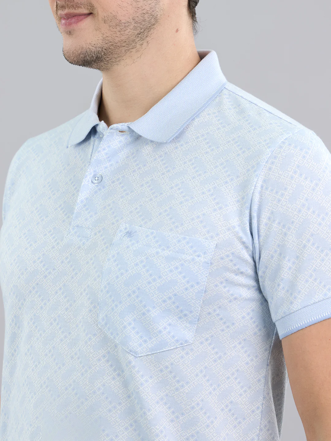 Men Sky Blue Stripe Polo Collar Half Sleeve T-Shirt - Image 4