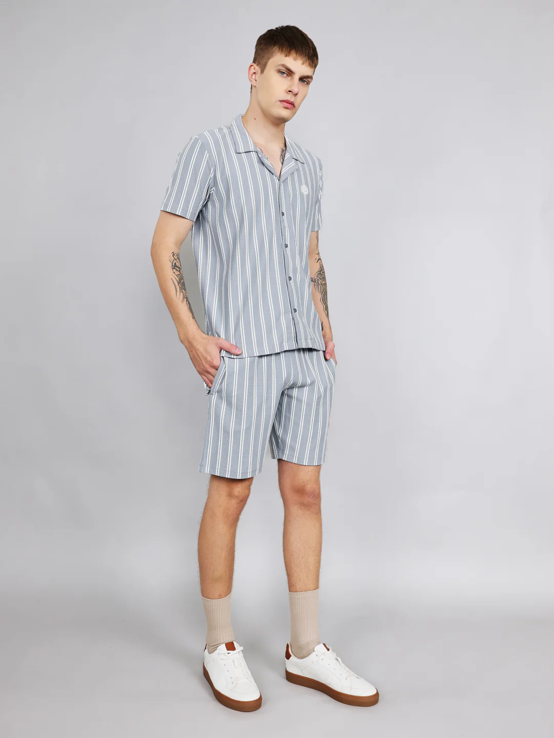 Men Sky Blue Stripe Regular Fit Bermuda Set - Image 2