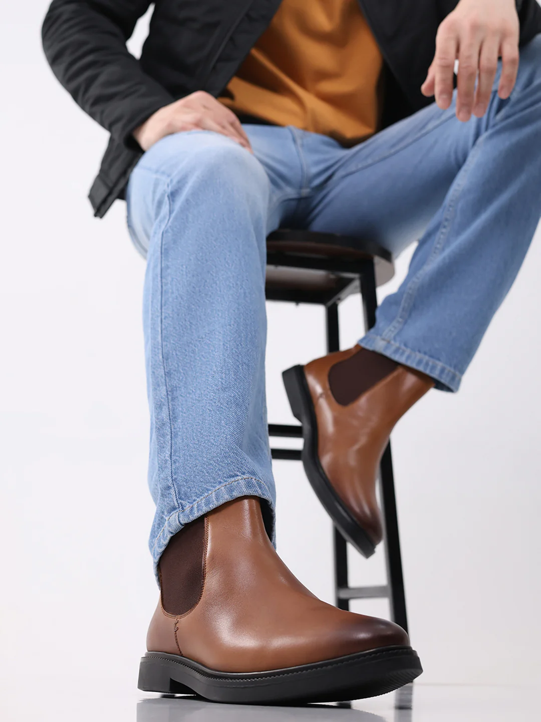 Men Tan Elastic Genuine Leather Chelsea Boots - Image 10