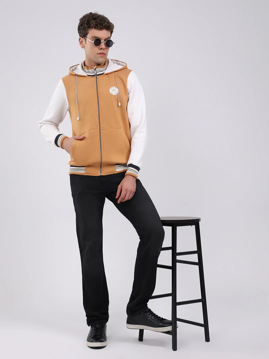 Men Tan Embroidered Hooded Full Sleeve Sweatshirt - Image 2