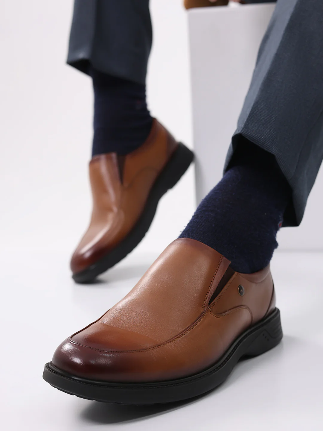 Men Tan Leather Slip on Shoes - Image 10