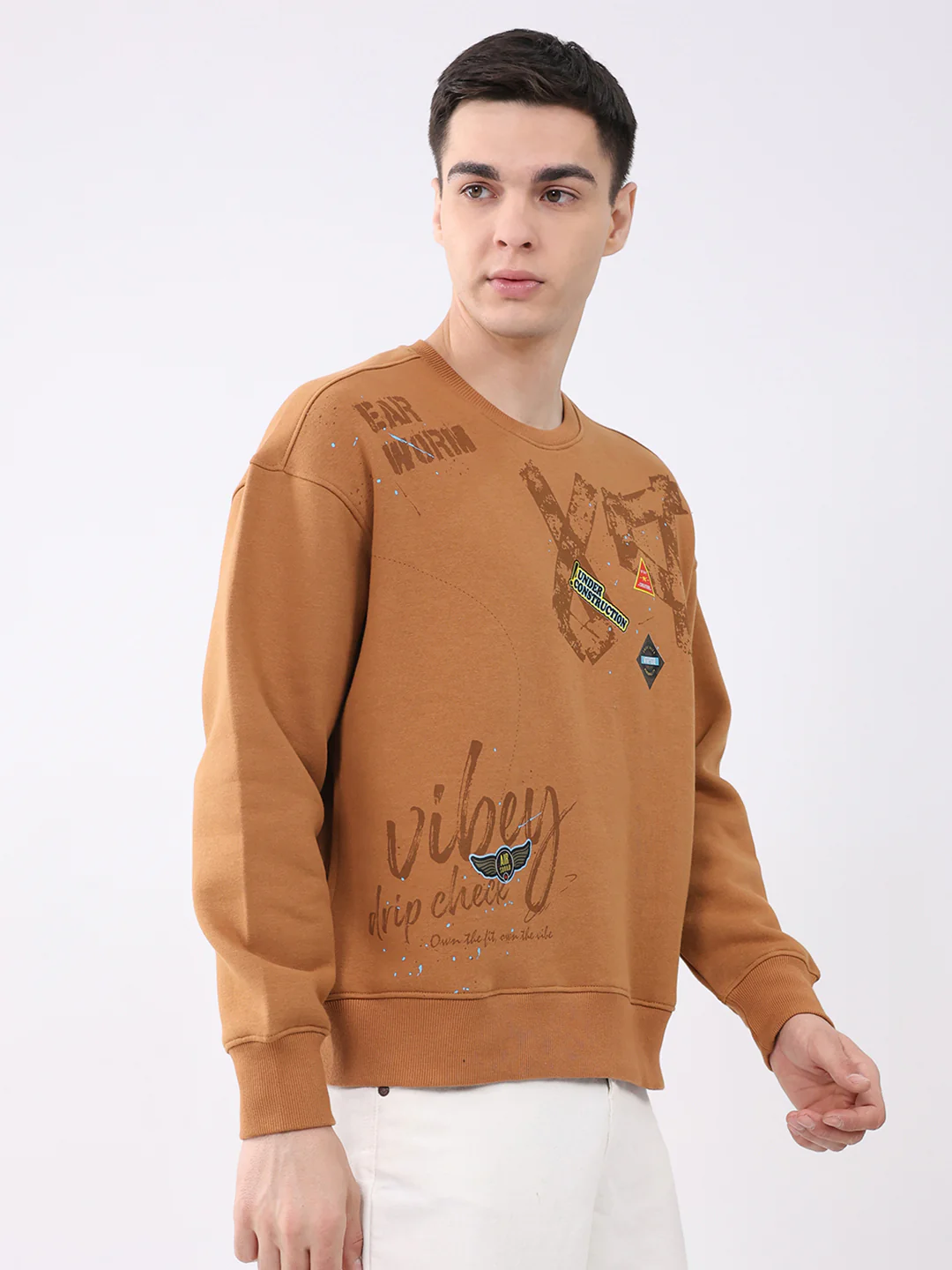 Men Tan Printed Round Neck Full Sleeve Sweatshirt - Image 4