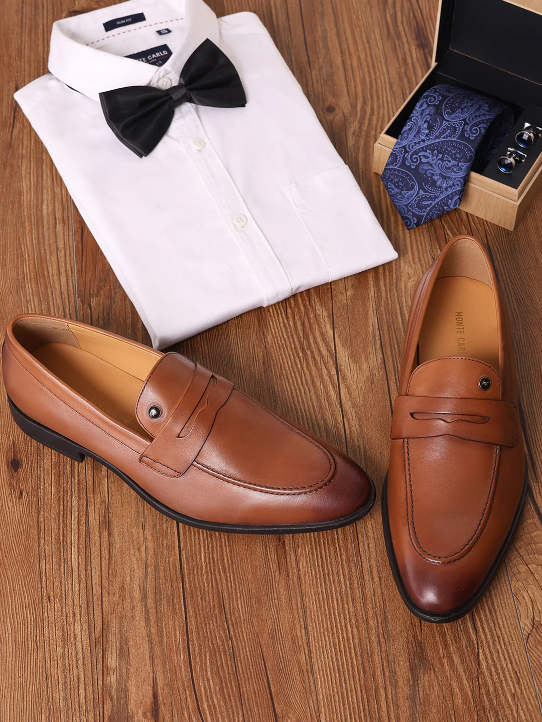 Men Tan Slip on Genuine Leather Loafers - Image 2