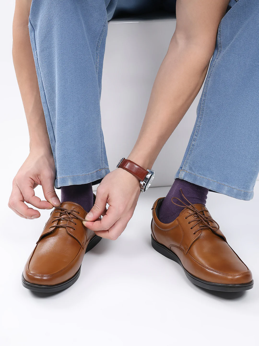 Men Tan Lace Up Leather Formal Derbys - Image 11