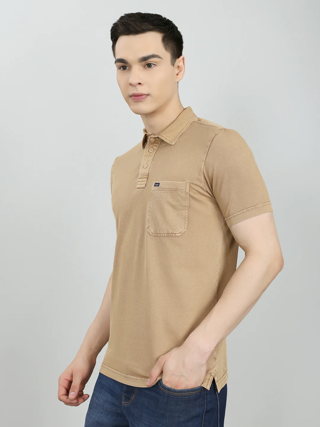 Men Tan Solid Collar Half Sleeve T-Shirt - Image 2