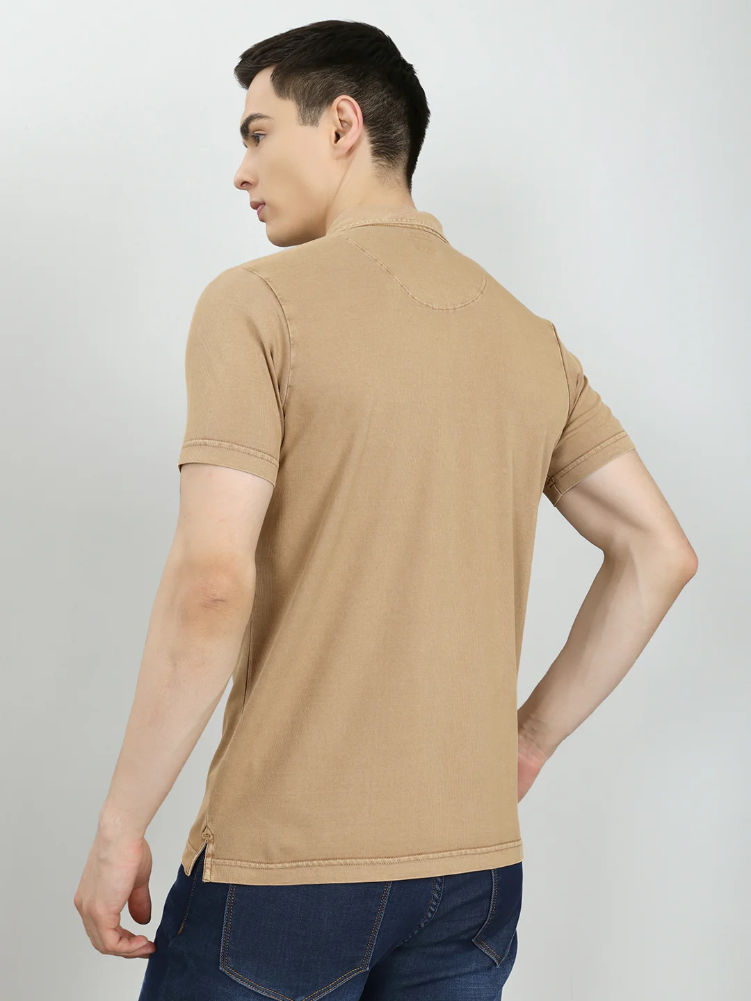 Men Tan Solid Collar Half Sleeve T-Shirt - Image 5